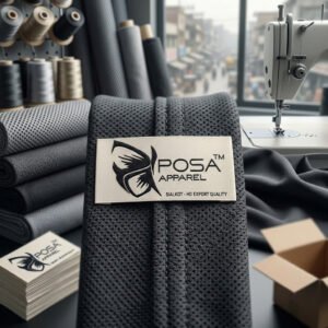 High-resolution macro of a branded bundle of Core Athletic woven Damask labels, labeled for low MOQ startup batch, in a Sialkot factory.