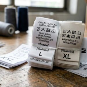 Close-up macro of bulk folded textile care labels and size tags (S, M, L, XL, XXL) in a Sialkot workshop.
