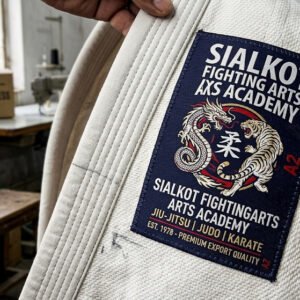 Heavy-duty Damask woven patch stitched on a white martial arts GI jacket in a Sialkot factory.