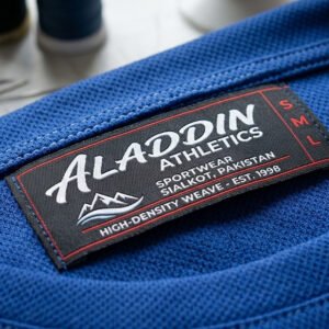 High-density woven label on dry-fit sportswear fabric manufactured in Sialkot.