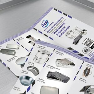 Hollowware pamphlet design front side showing stainless steel medical instruments