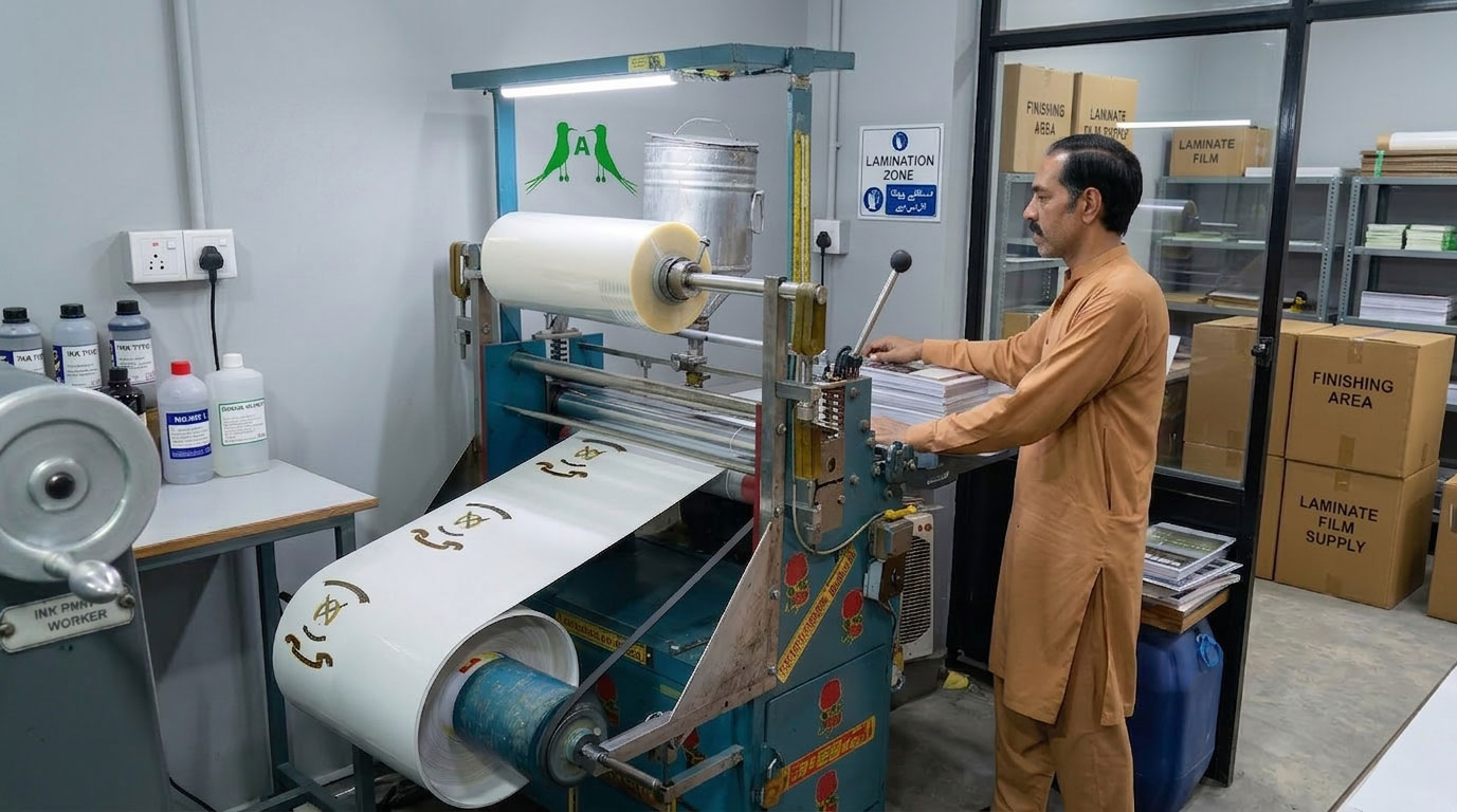 Card lamination machine at Malik Art Press — modern printing equipment in Sialkot