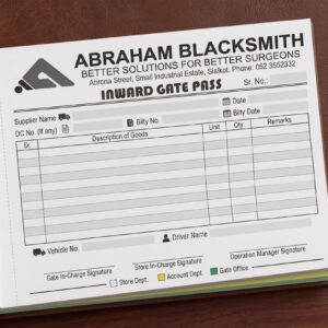 Custom inward gate pass book design for industrial and surgical business in Sialkot