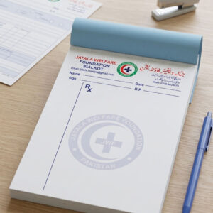 Custom doctor prescription pad design printed in 3 colors for clinic and welfare foundation