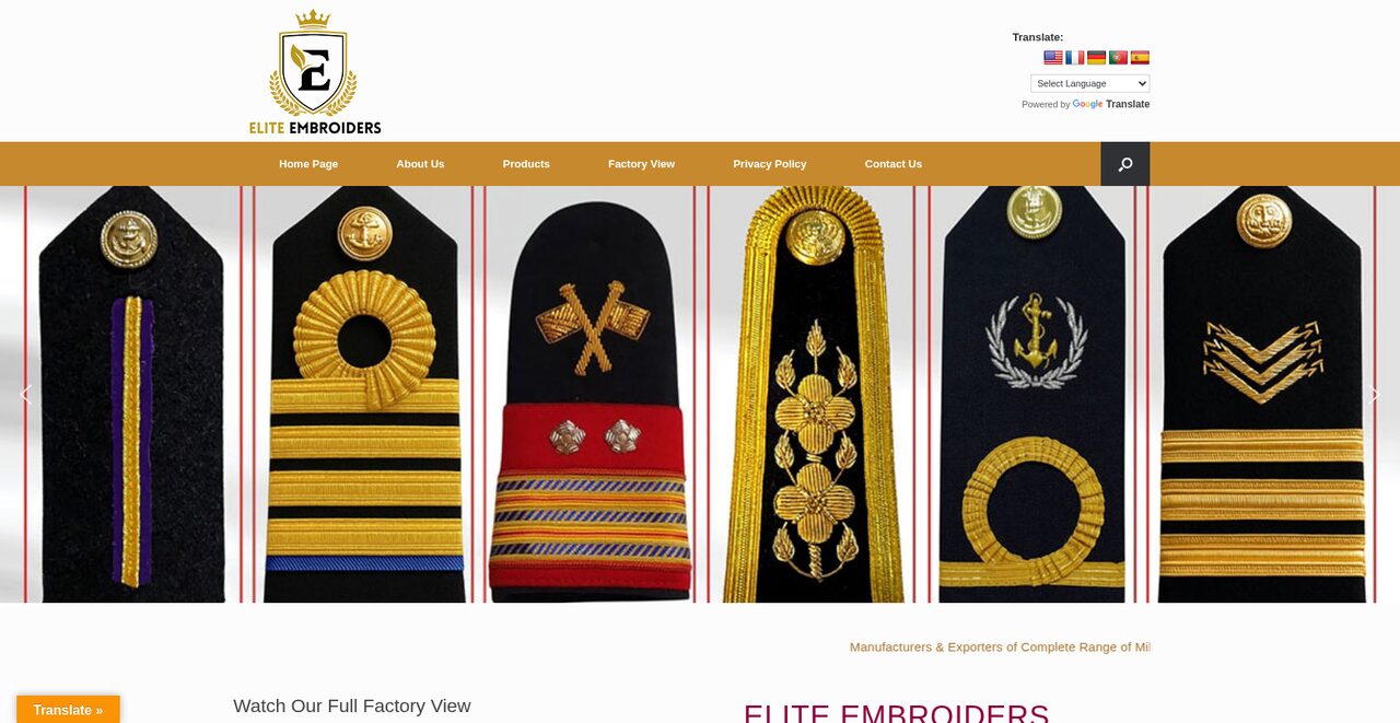 Elite Embroiders — military regalia custom PHP website built by Malik Art Sialkot