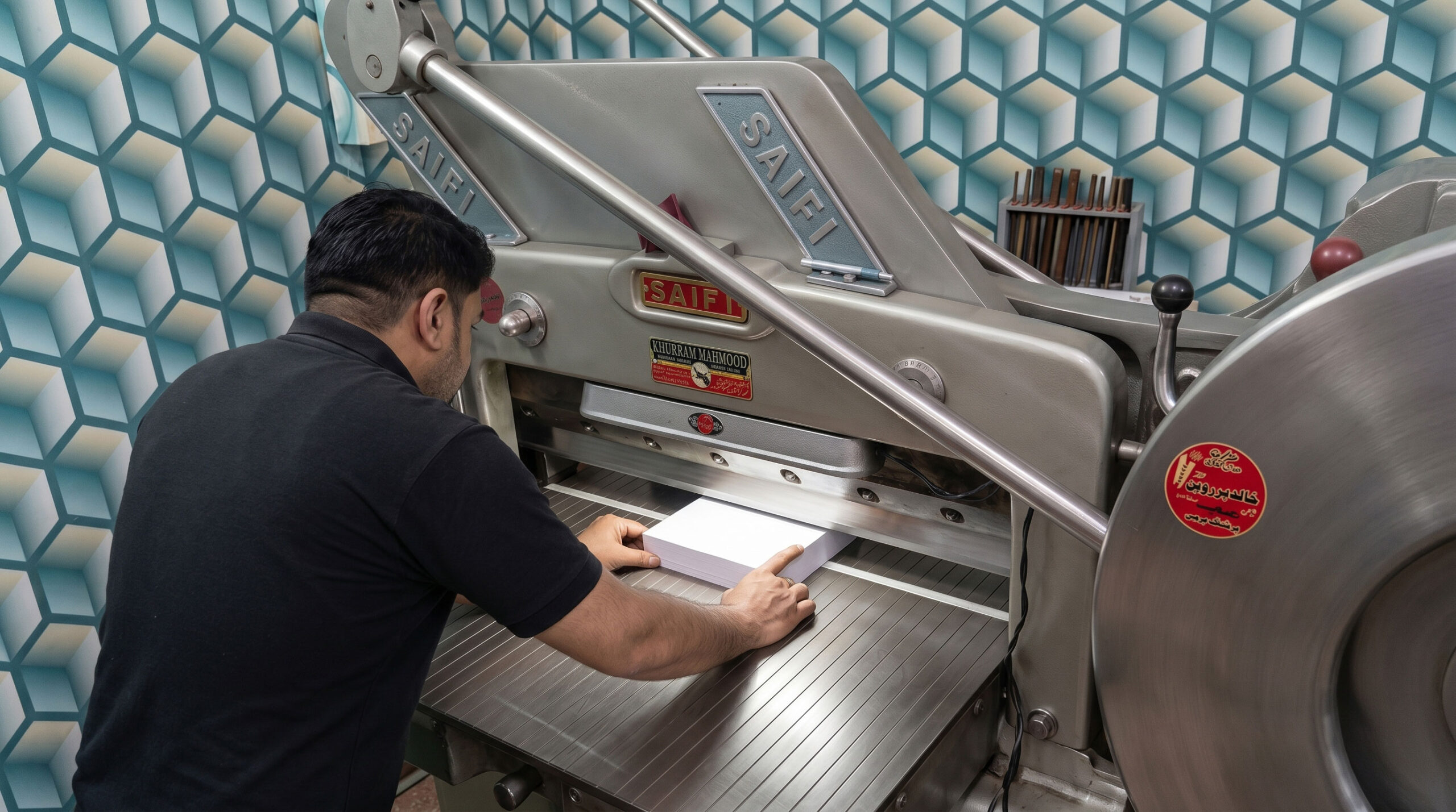 Paper cutting machine at Malik Art Press in Sialkot for precision card and label trimming