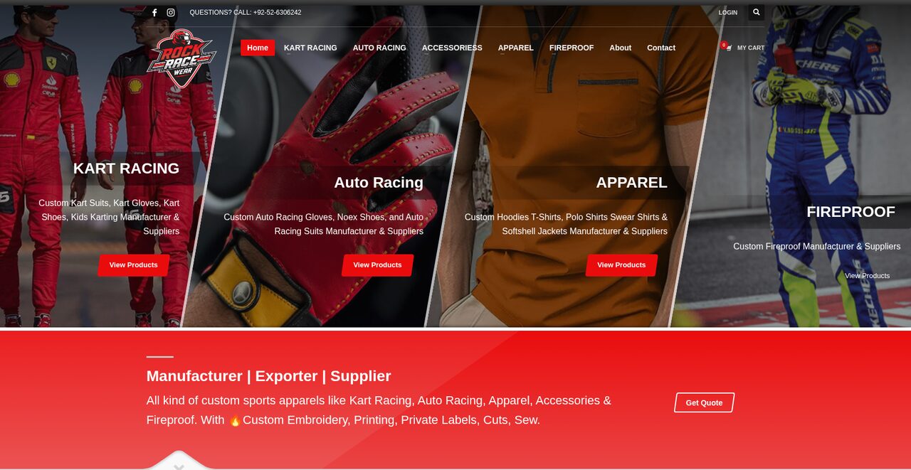 Rock Race Wear — custom racing apparel WordPress website built by Malik Art Sialkot