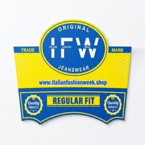 Custom jeans pant hang tag in blue and yellow with 2 color printing, lamination and die cut shape