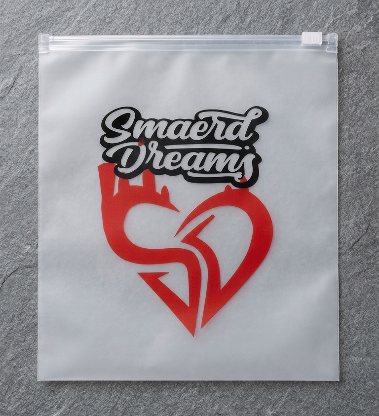 Custom printed zipper bag Pakistan - Smaerd Dreams brand resealable plastic bag with logo printing by Malik Art Press Sialkot