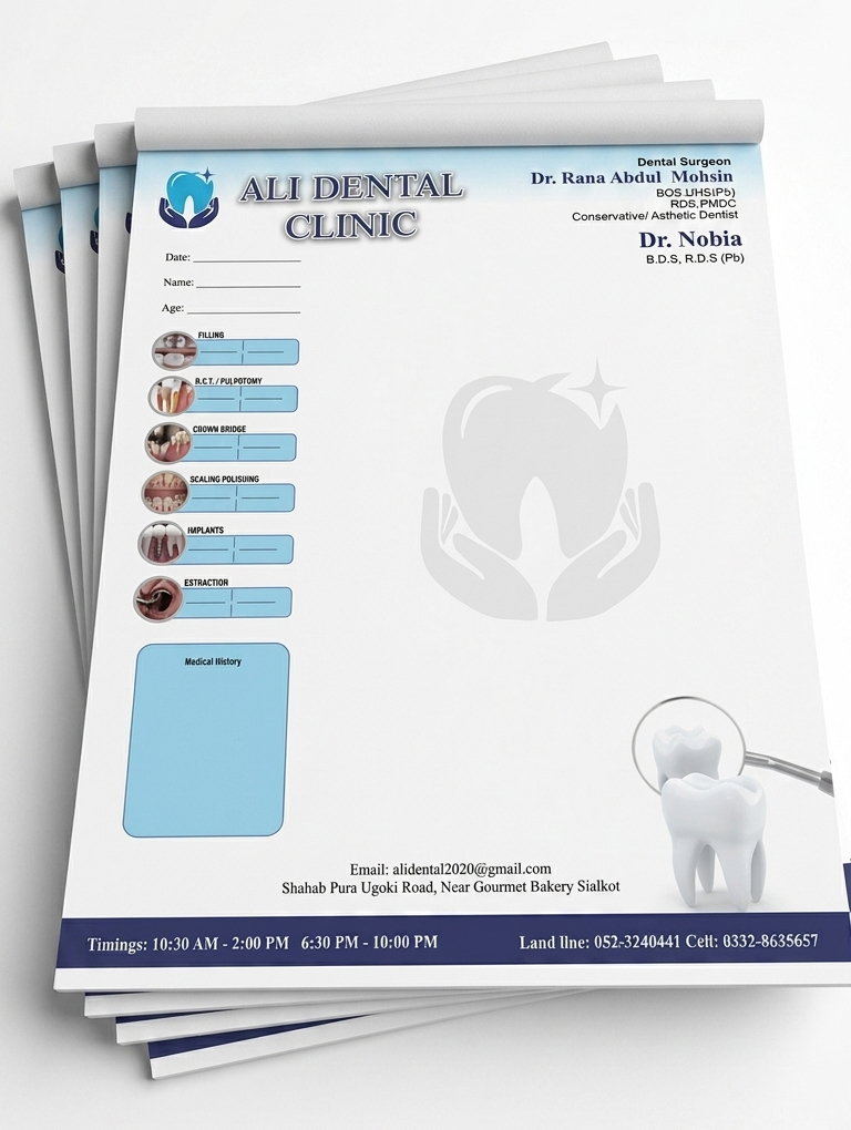 Custom dental clinic pad printing in Sialkot with 80 gram paper and 4 color front and back printing by Malik Art