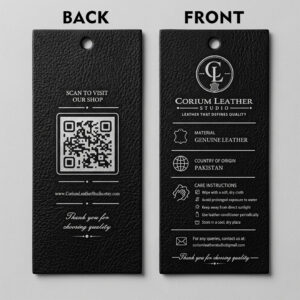 Premium 600 GSM black tag cards for genuine leather garments with lamination and 1 color silver printing — front and back design by Malik Art Sialkot