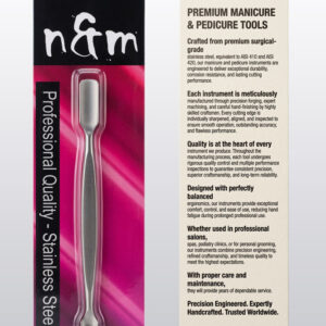 Professional cuticle pusher packaging card with pink black design showing surgical grade stainless steel manicure pedicure tools - n&m brand blister packaging card by Malik Art Press