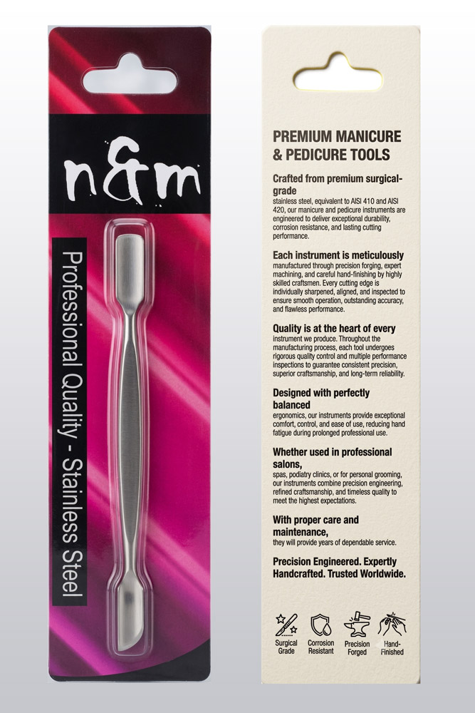 Professional cuticle pusher packaging card with pink black design showing surgical grade stainless steel manicure pedicure tools - n&m brand blister packaging card by Malik Art Press