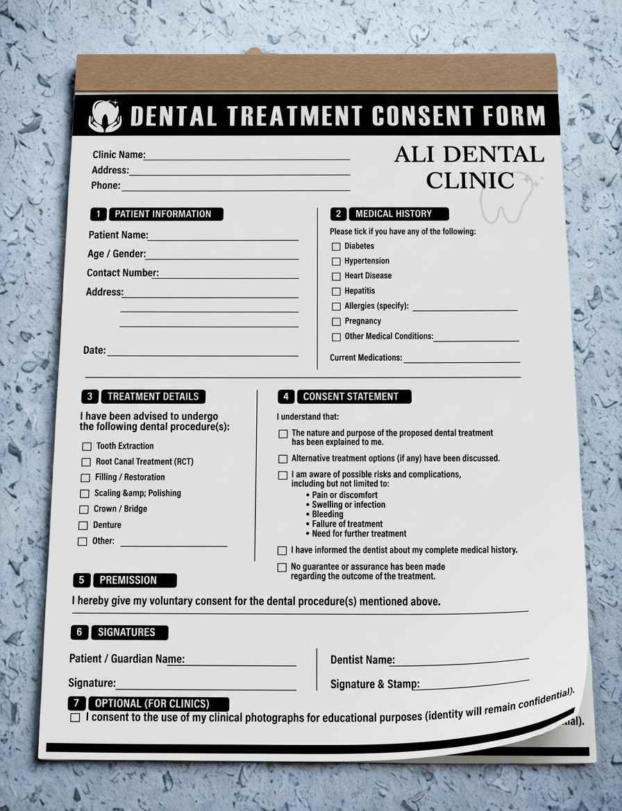 Dental Treatment Consent Form Printing on 80gsm VRG Paper - 100 Pages Pad by Malik Art Press Sialkot Pakistan