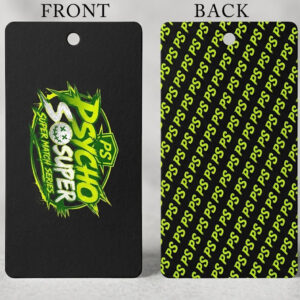 Premium fluorescent tag cards 600gsm with yellow green neon printing on black background - Custom hang tags by Malik Art Sialkot