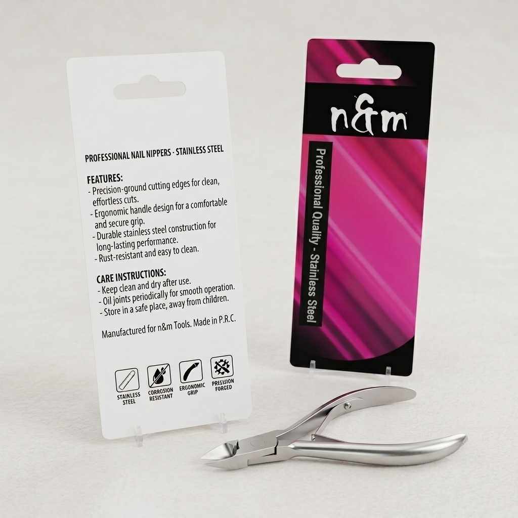 Stainless steel nail nippers in professional blister packaging card with pink gradient design, n&m brand logo, hanging display card ready for retail
