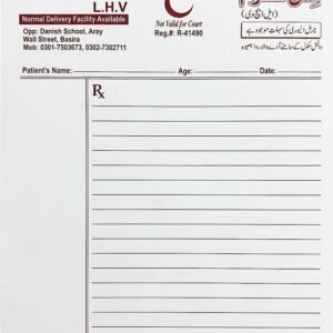Doctor prescription pad design for Sitara Maternity Home with Miss Kalsoom LHV registration details and bilingual Urdu English layout